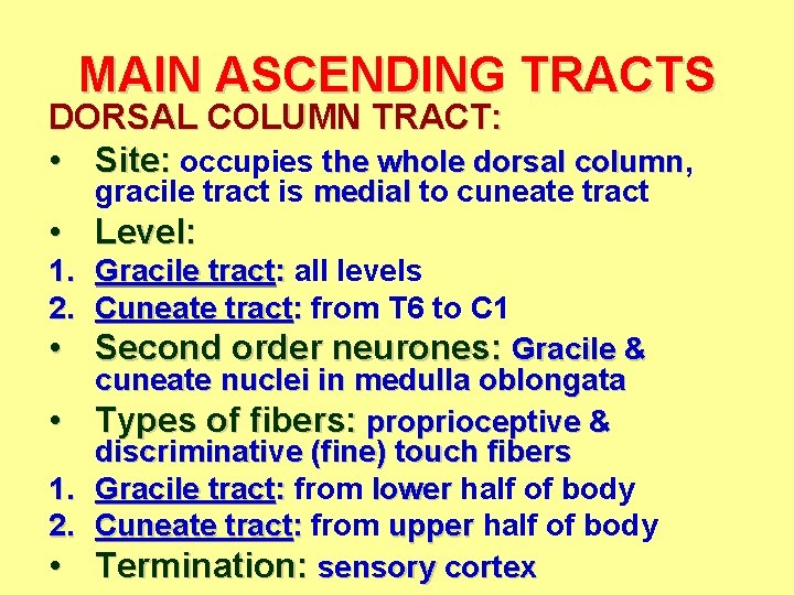 MAIN ASCENDING TRACTS DORSAL COLUMN TRACT: • Site: occupies the whole dorsal column, column
