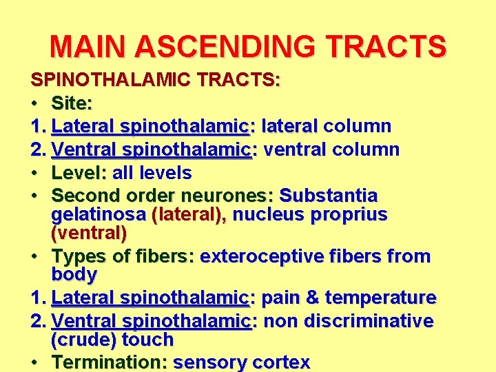 MAIN ASCENDING TRACTS SPINOTHALAMIC TRACTS: • Site: 1. Lateral spinothalamic: lateral column 2. Ventral