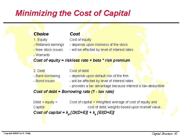 Minimizing the Cost of Capital Choice Cost 1. Equity - Retained earnings - New