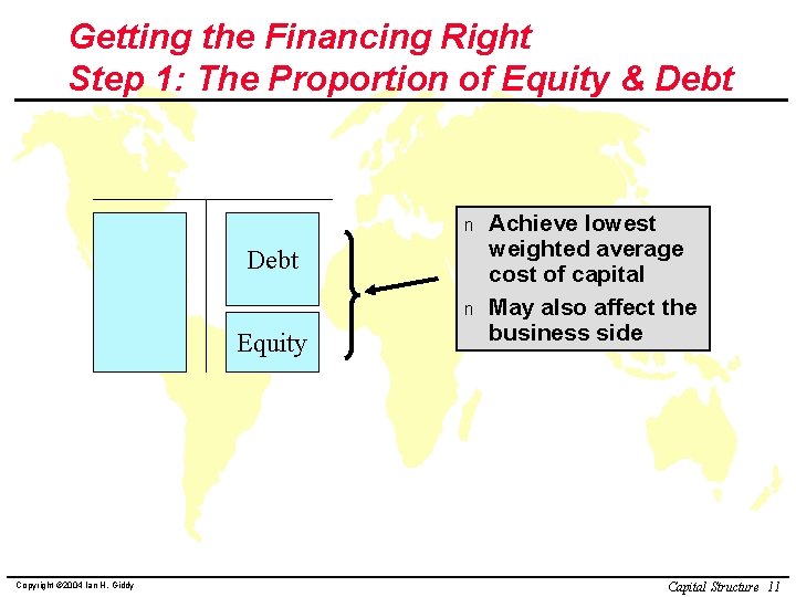 Getting the Financing Right Step 1: The Proportion of Equity & Debt n Equity