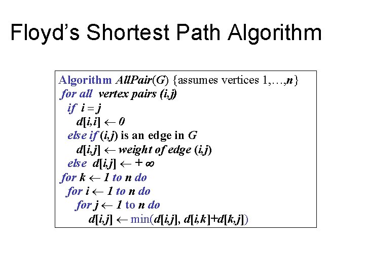Floyd’s Shortest Path Algorithm All. Pair(G) {assumes vertices 1, …, n} for all vertex