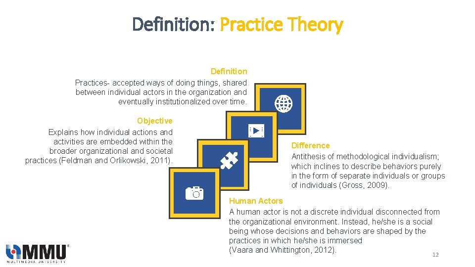 Definition: Practice Theory Definition Practices- accepted ways of doing things, shared between individual actors