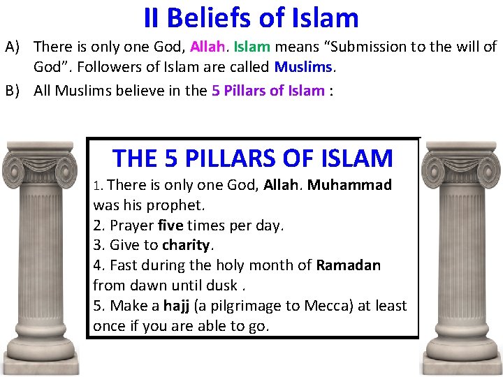 II Beliefs of Islam A) There is only one God, Allah. Islam means “Submission