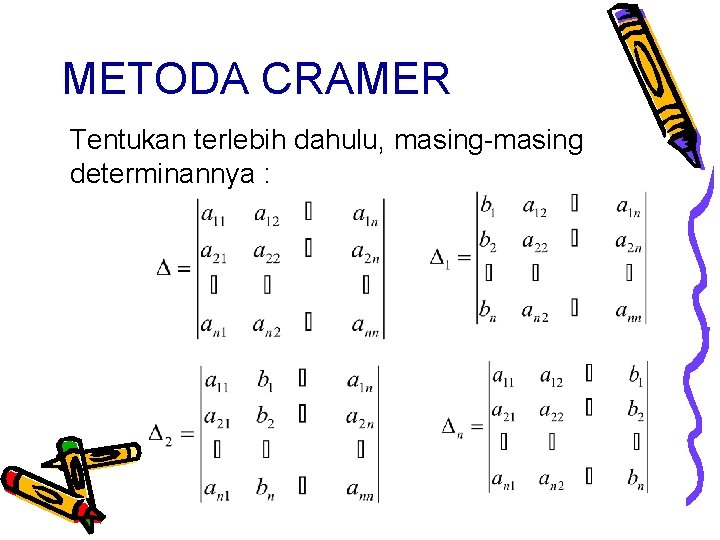 METODA CRAMER Tentukan terlebih dahulu, masing-masing determinannya : 