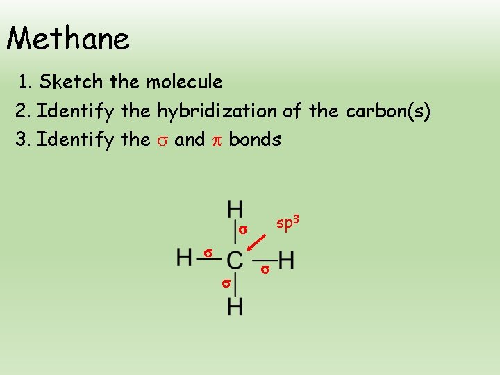 Methane 1. Sketch the molecule 2. Identify the hybridization of the carbon(s) 3. Identify