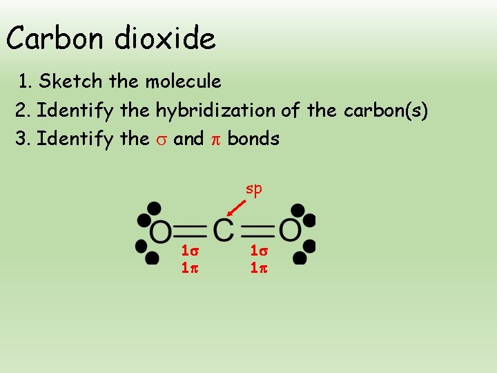Carbon dioxide 1. Sketch the molecule 2. Identify the hybridization of the carbon(s) 3.