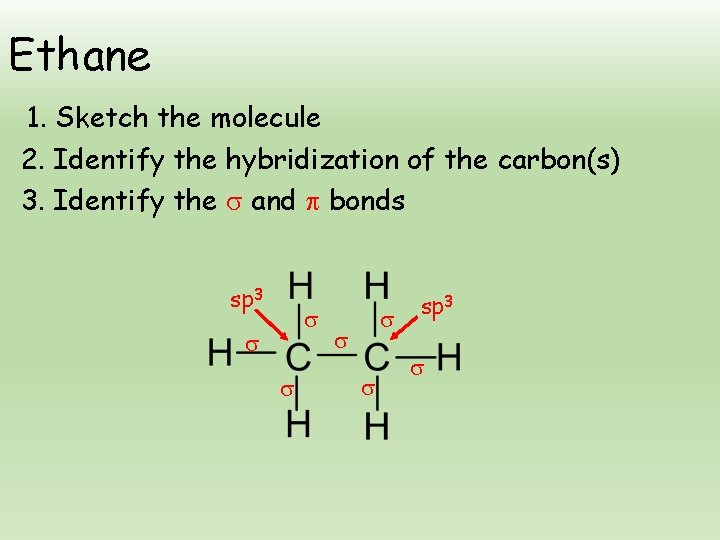 Ethane 1. Sketch the molecule 2. Identify the hybridization of the carbon(s) 3. Identify