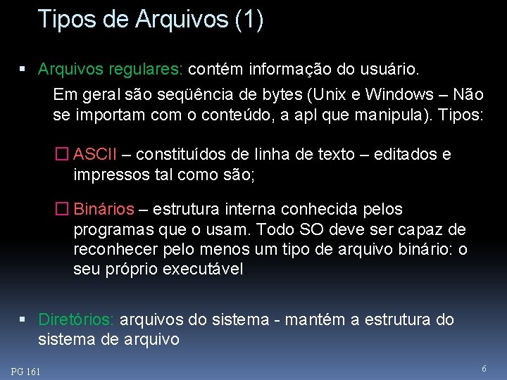 Tipos de Arquivos (1) Arquivos regulares: contém informação do usuário. Em geral são seqüência