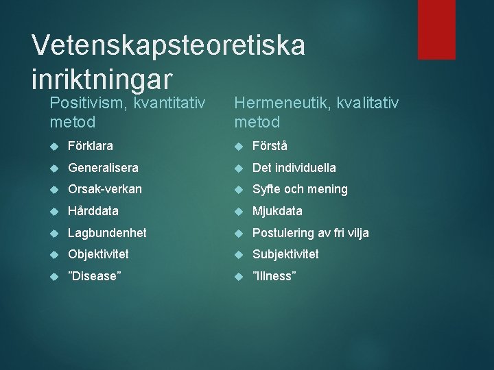 Vetenskapsteoretiska inriktningar Positivism, kvantitativ metod Hermeneutik, kvalitativ metod Förklara Förstå Generalisera Det individuella Orsak-verkan