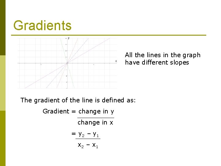 Gradients All the lines in the graph have different slopes The gradient of the