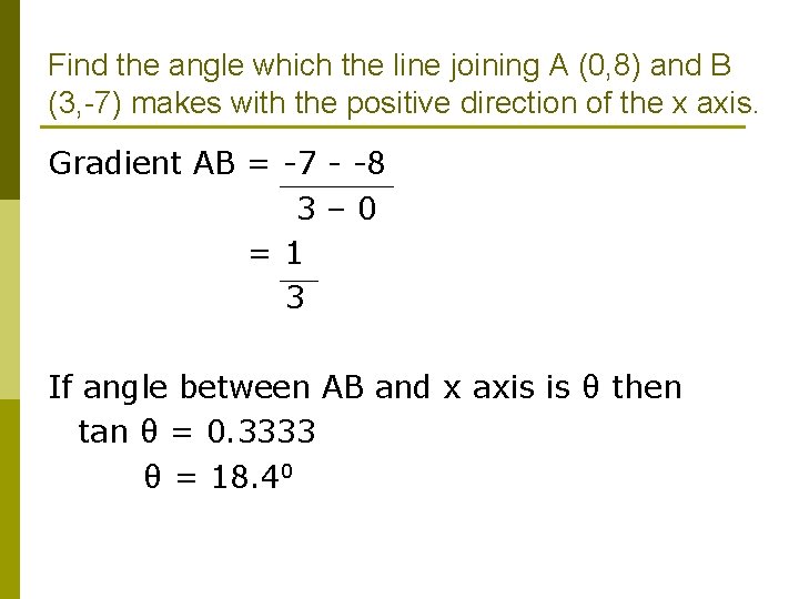 Find the angle which the line joining A (0, 8) and B (3, -7)