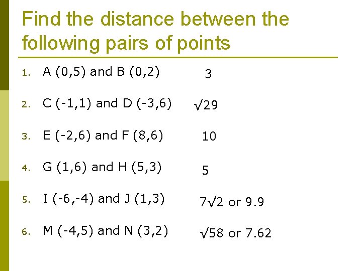 Find the distance between the following pairs of points 1. A (0, 5) and