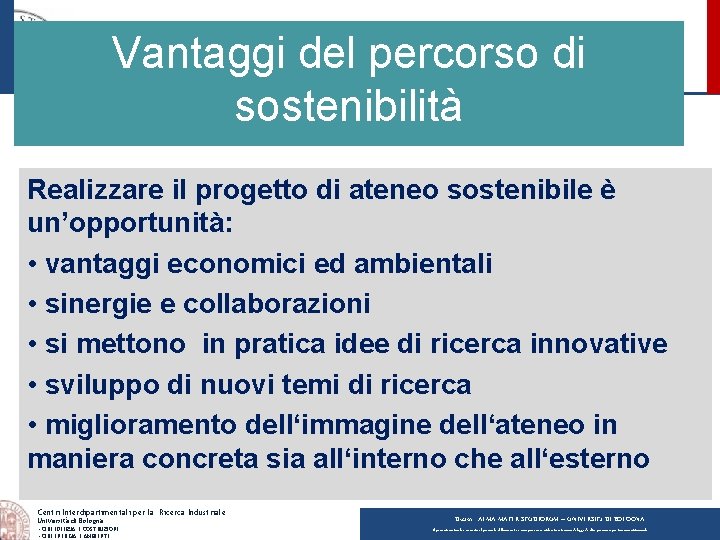 Vantaggi del percorso di sostenibilità Realizzare il progetto di ateneo sostenibile è un’opportunità: •