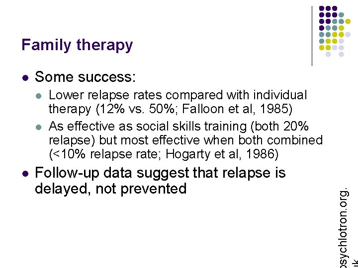 Family therapy Some success: l l l Lower relapse rates compared with individual therapy
