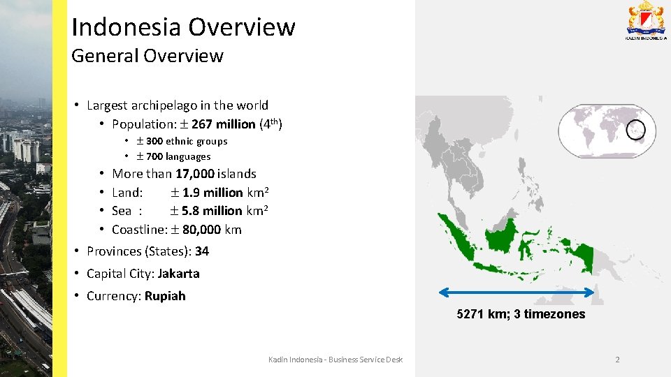 Indonesia Overview General Overview • Largest archipelago in the world • Population: 267 million