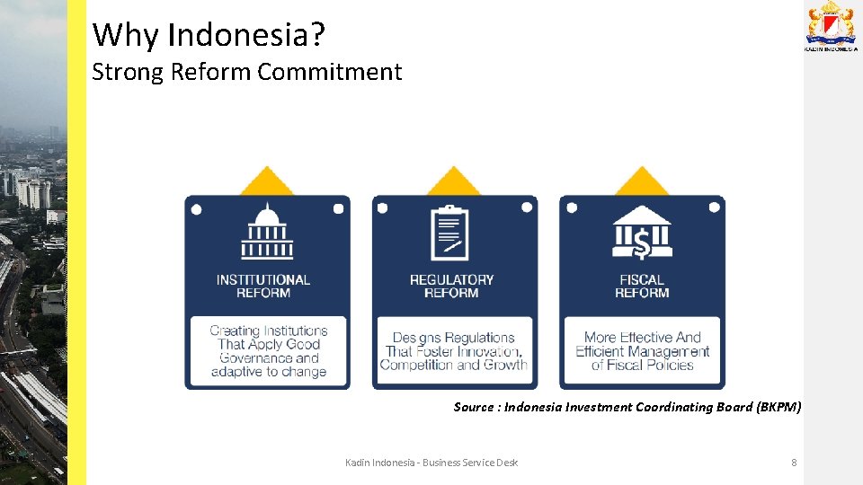 Why Indonesia? Strong Reform Commitment Source : Indonesia Investment Coordinating Board (BKPM) Kadin Indonesia