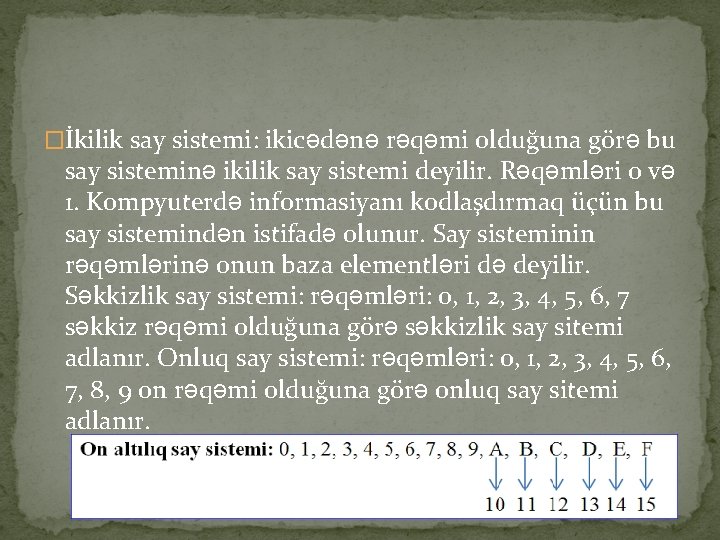 �İkilik say sistemi: ikicədənə rəqəmi olduğuna görə bu say sisteminə ikilik say sistemi deyilir.