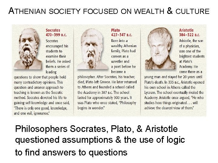 ATHENIAN SOCIETY FOCUSED ON WEALTH & CULTURE Philosophers Socrates, Plato, & Aristotle questioned assumptions