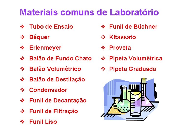 Materiais comuns de Laboratório v Tubo de Ensaio v Funil de Büchner v Béquer