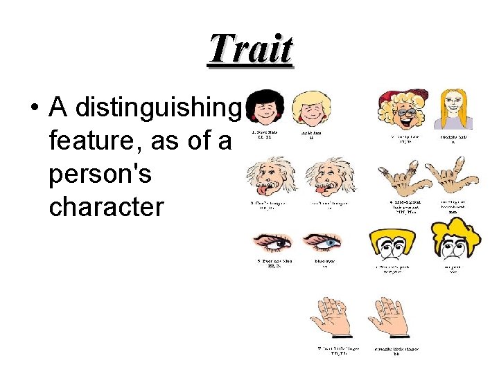 Trait • A distinguishing feature, as of a person's character 