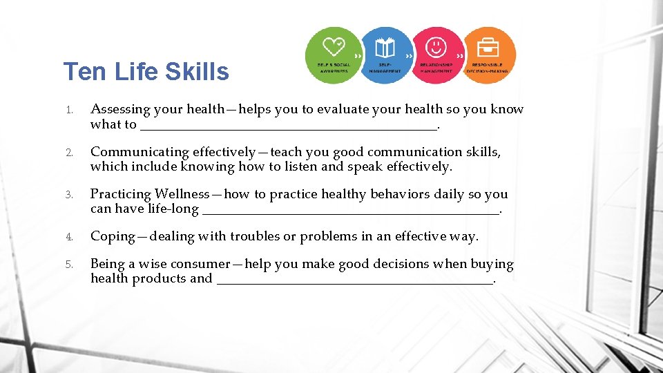Ten Life Skills 1. Assessing your health—helps you to evaluate your health so you