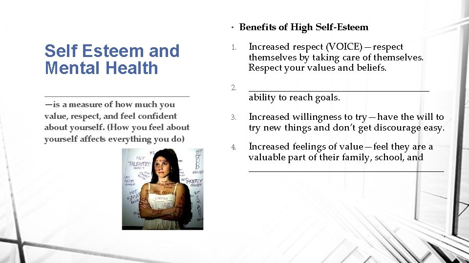  • Self Esteem and Mental Health _________________ —is a measure of how much