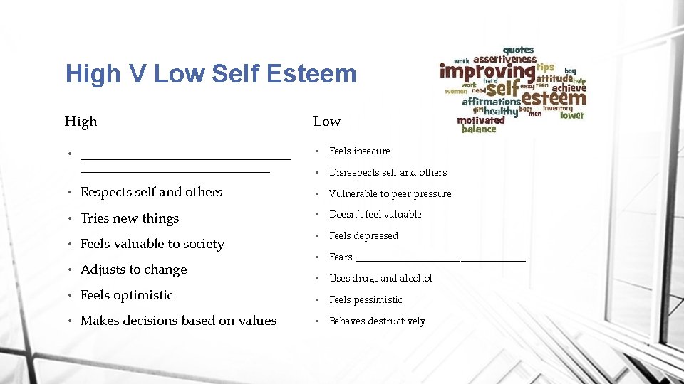 High V Low Self Esteem High • ________________ Low • Feels insecure • Disrespects