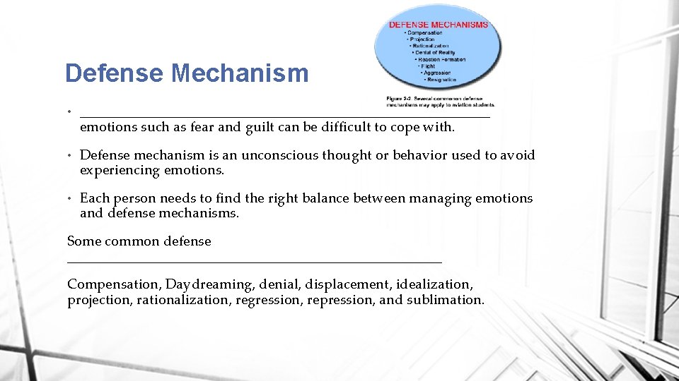 Defense Mechanism • _____________________________ emotions such as fear and guilt can be difficult to