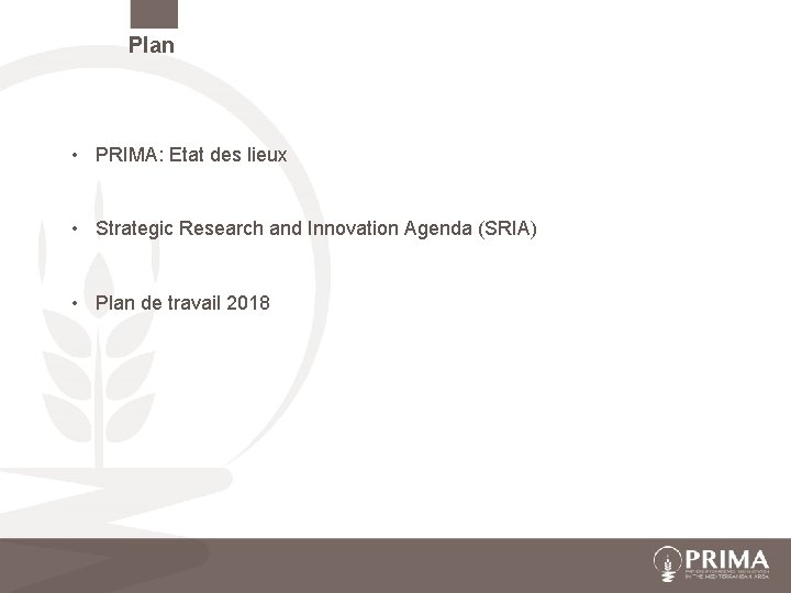 Plan • PRIMA: Etat des lieux • Strategic Research and Innovation Agenda (SRIA) •