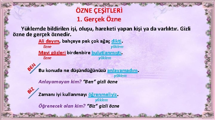 ÖZNE ÇEŞİTLERİ 1. Gerçek Özne Yüklemde bildirilen işi, oluşu, hareketi yapan kişi ya da