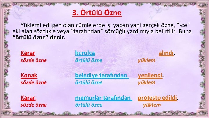 3. Örtülü Özne Yüklemi edilgen olan cümlelerde işi yapan yani gerçek özne, “-ce” eki