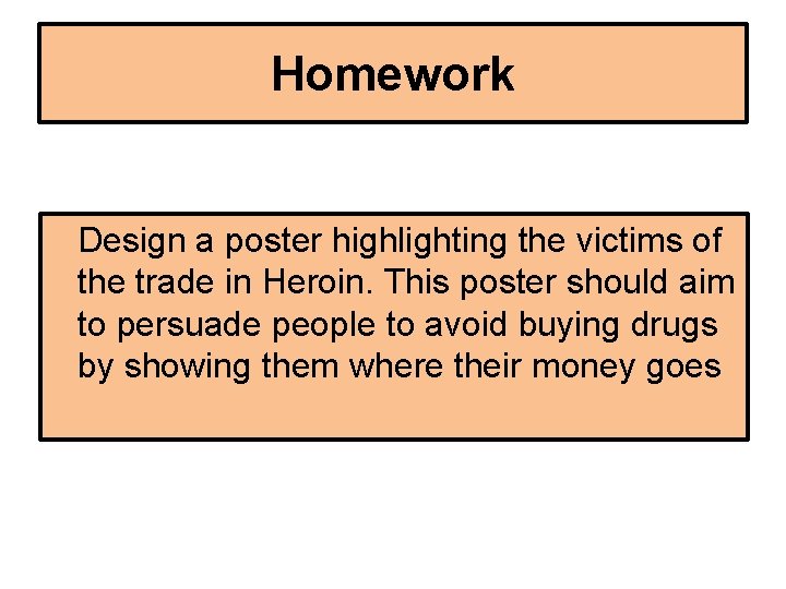 Homework Design a poster highlighting the victims of the trade in Heroin. This poster