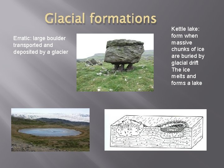 Glacial formations Erratic: large boulder transported and deposited by a glacier Kettle lake: form