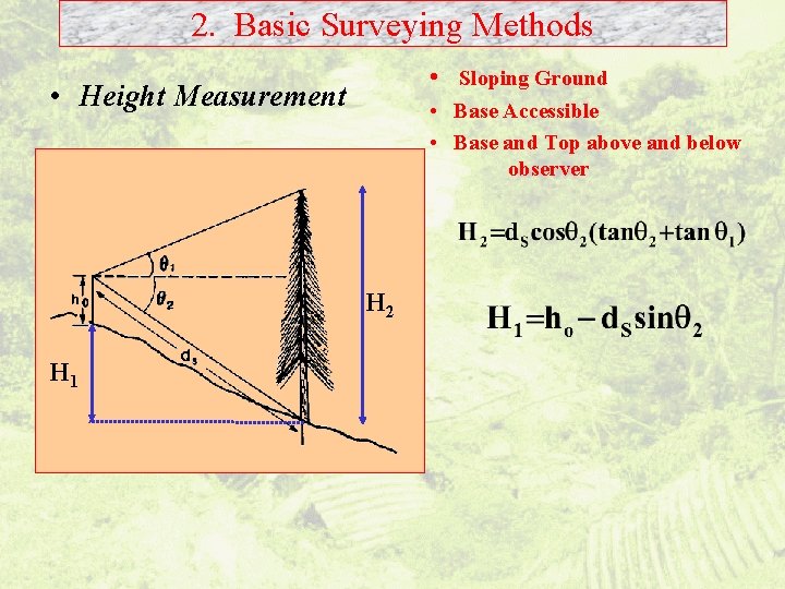 2. Basic Surveying Methods • Sloping Ground • Height Measurement • Base Accessible •