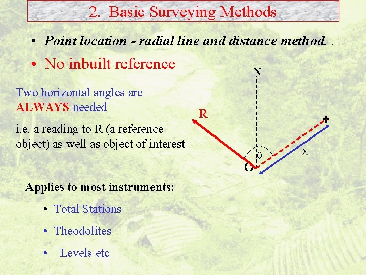 2. Basic Surveying Methods • Point location - radial line and distance method. .