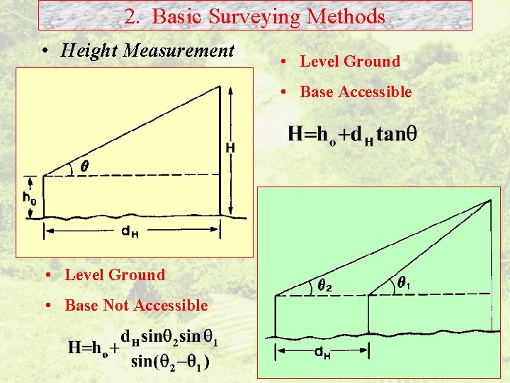 2. Basic Surveying Methods • Height Measurement • Level Ground • Base Accessible •