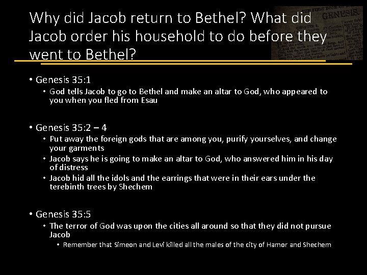 Why did Jacob return to Bethel? What did Jacob order his household to do