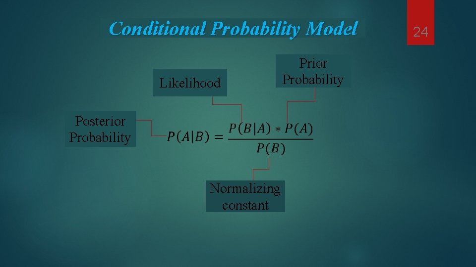 Conditional Probability Model Prior Probability Likelihood Posterior Probability Normalizing constant 24 Conditional Probability Model Prior Probability Likelihood Posterior Probability Normalizing constant 24