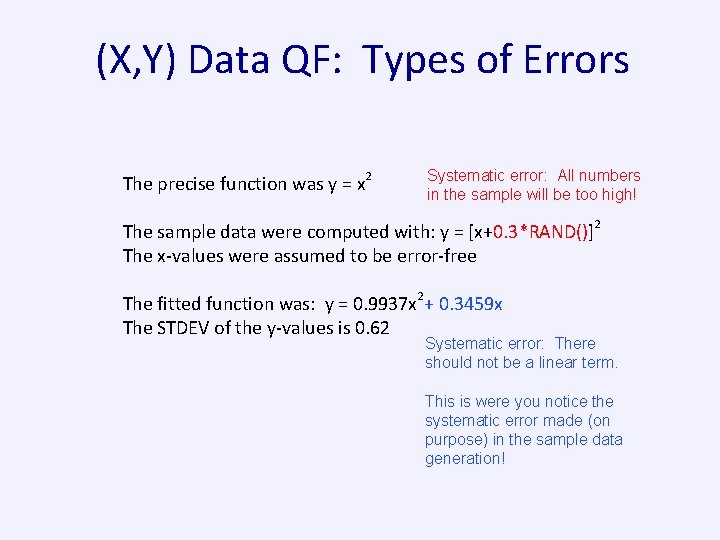 (X, Y) Data QF: Types of Errors The precise function was y = x (X, Y) Data QF: Types of Errors The precise function was y = x