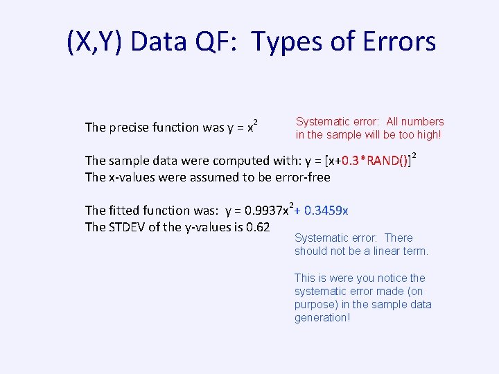 (X, Y) Data QF: Types of Errors The precise function was y = x