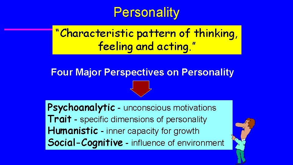 Personality “Characteristic pattern of thinking, feeling and acting. ” Four Major Perspectives on Personality