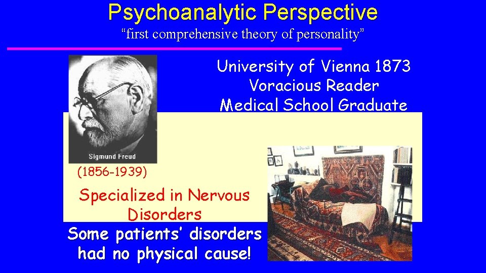 Psychoanalytic Perspective “first comprehensive theory of personality” University of Vienna 1873 Voracious Reader Medical