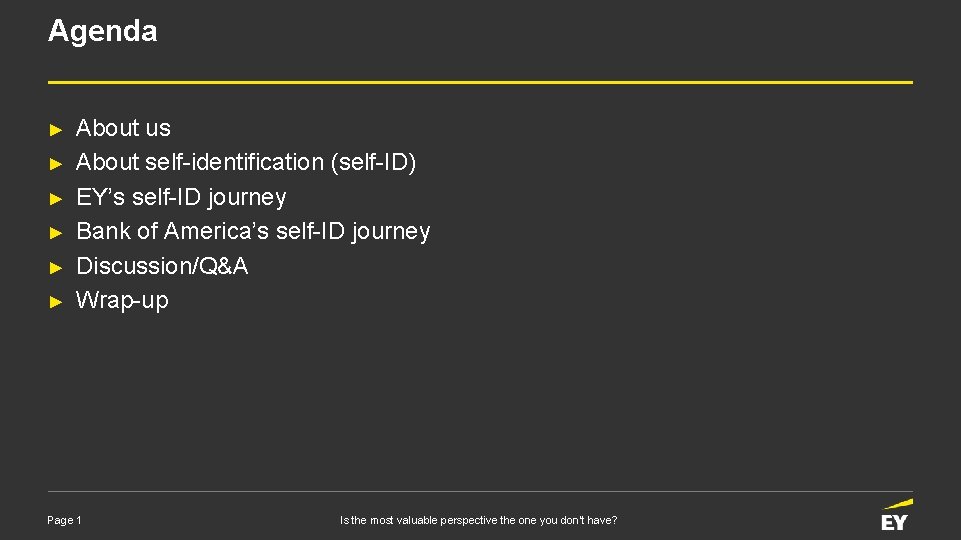 Agenda ► ► ► About us About self-identification (self-ID) EY’s self-ID journey Bank of