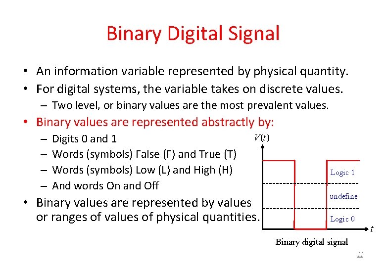 Binary Digital Signal • An information variable represented by physical quantity. • For digital