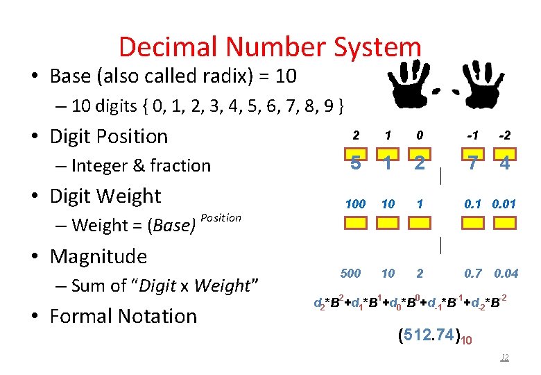 Decimal Number System • Base (also called radix) = 10 – 10 digits {