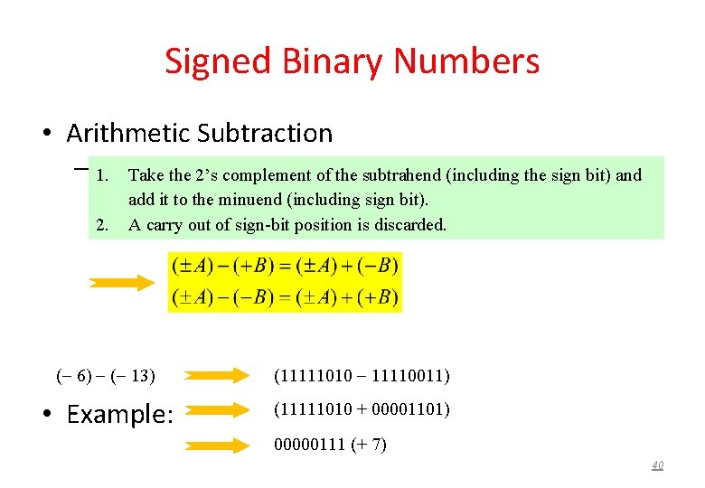 Signed Binary Numbers • Arithmetic Subtraction – In form: 1. 2’s-complement Take the 2’s