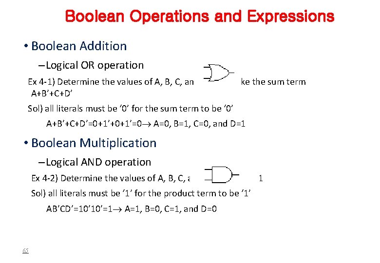 Boolean Operations and Expressions • Boolean Addition – Logical OR operation Ex 4 -1)