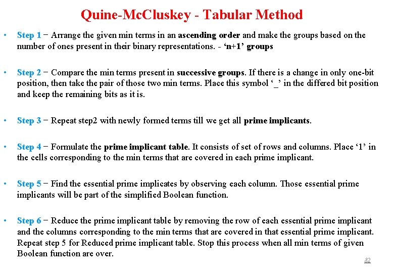 Quine-Mc. Cluskey - Tabular Method • Step 1 − Arrange the given min terms