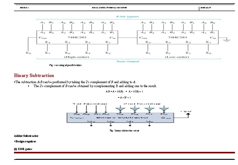 MODULE 3 MCA-102 DIGITAL SYSTEMS & LOGIC DESIGN Fig : cascading of parallel adders