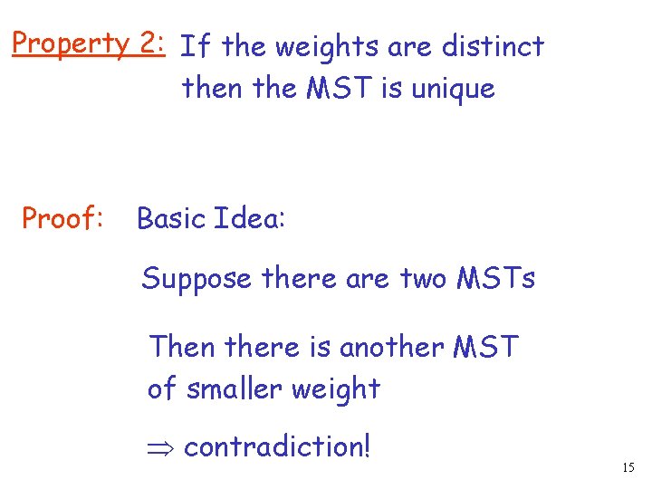 Property 2: If the weights are distinct then the MST is unique Proof: Basic